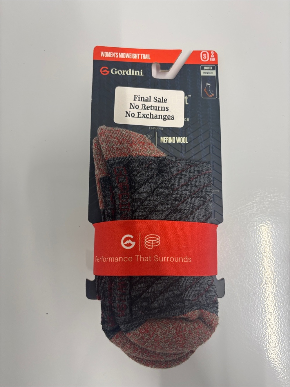 Gordini Women’s 2 pair pack midweight quarter sock grey and red NWT
